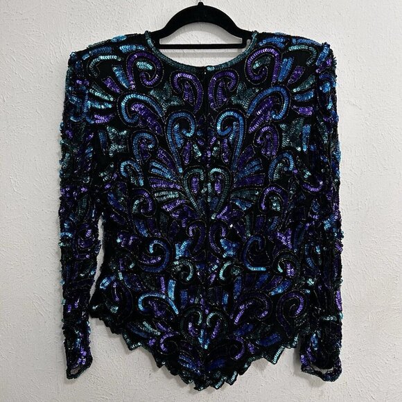 Sequin Top Black Blue Green Laurence Kazar Glam Evening New York Vintage Size L - Picture 7 of 11